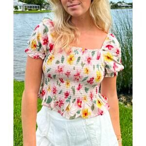 Women's cropped smocked floral print peasant style top by Blue B Collection, S